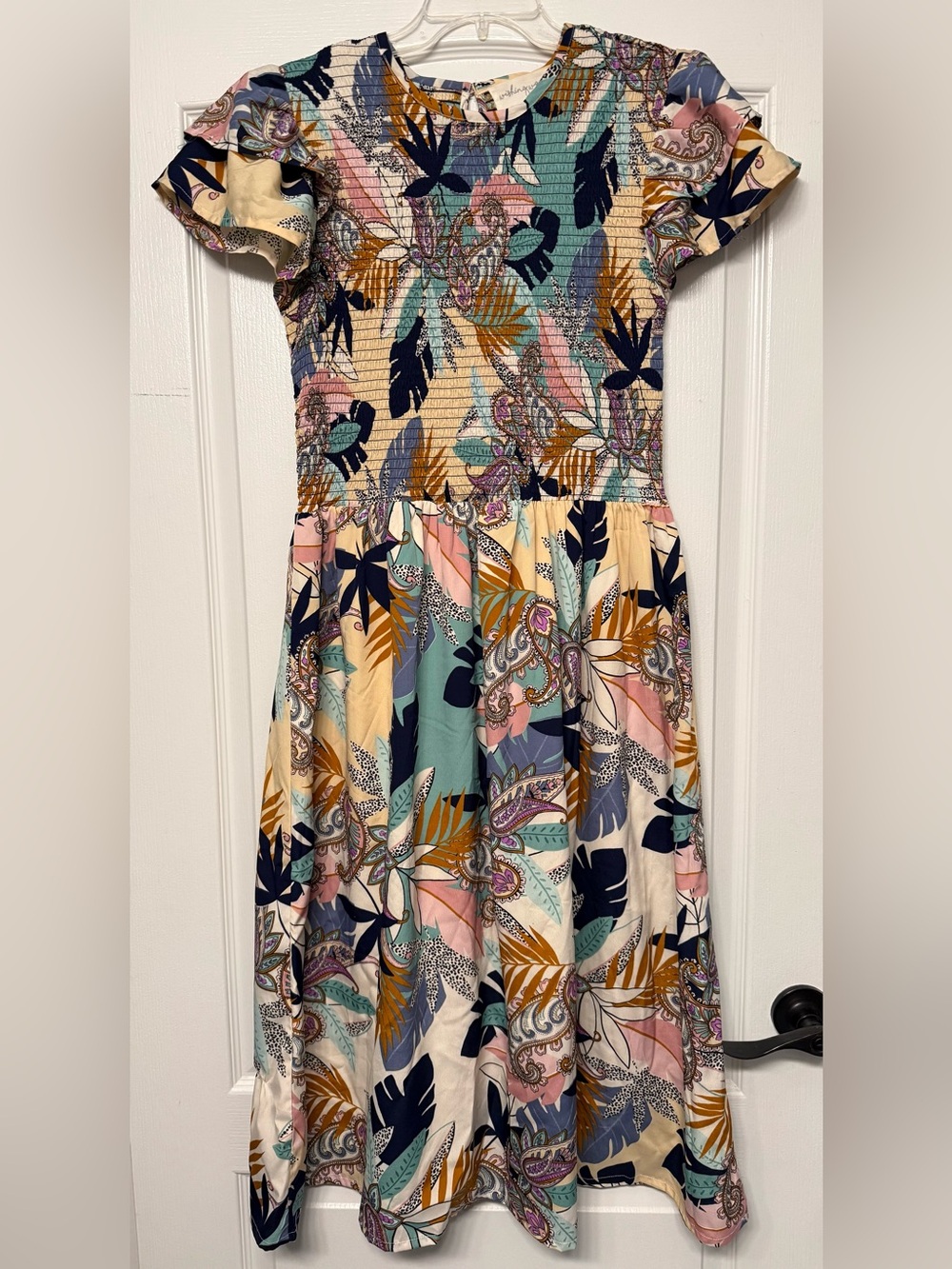 Wishing Waves Women’s Size L Smocked Tropical Paisley Midi Dress Boho Ruffle